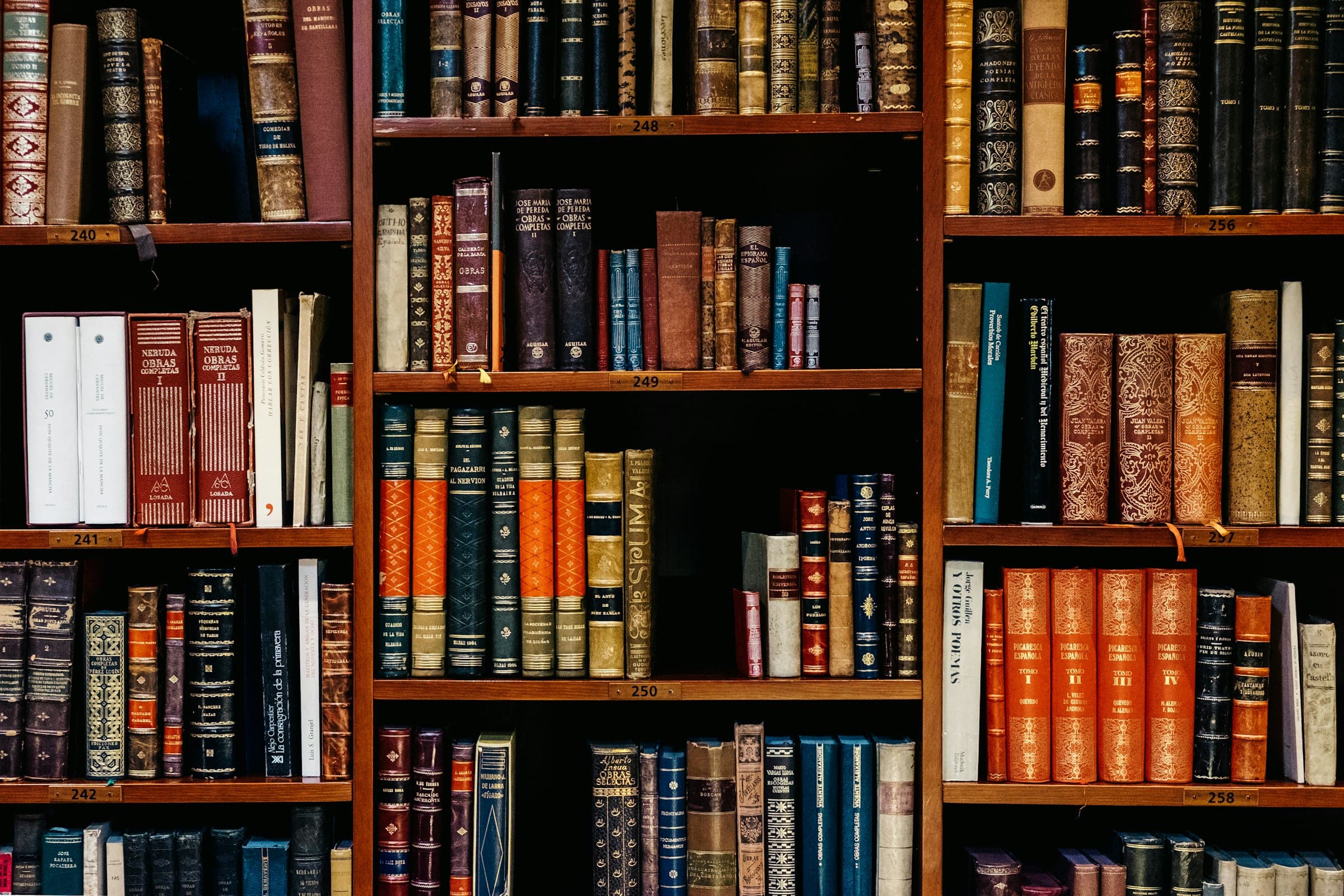 Shelves of antique leather-bound books with gold-lettered spines